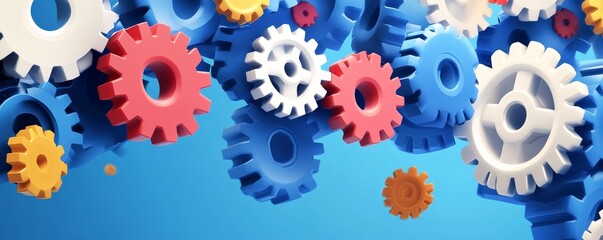 Colorful gears in motion against a blue background, symbolizing innovation, teamwork, and mechanical efficiency.