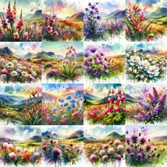 Fototapeta premium watercolor flowers and mountains drawing style floral background. AI generated illustration