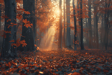 Fototapeta premium Autumnal Forest Path: Sunlight streams through the trees of an autumnal forest, illuminating a path strewn with fallen leaves. The scene evokes a sense of tranquility and mystery, inviting viewers to 