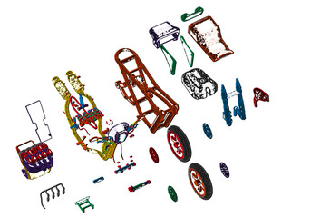 Disassembled multi-colored motorcycle on a white background. 