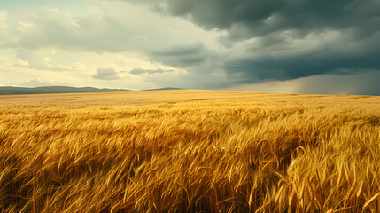 Obraz premium Golden wheat field stretches under a vast blue sky, a rural landscape showcasing the beauty of nature and agriculture