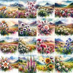 Fototapeta premium watercolor flowers and mountains drawing style floral background. AI generated illustration