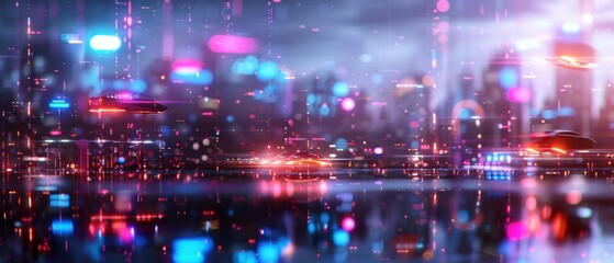 Obraz premium Illuminated Dreams: Surreal Futuristic Cityscape with Neon Lights and Flying Cars