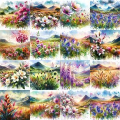 Fototapeta premium watercolor flowers and mountains drawing style floral background. AI generated illustration