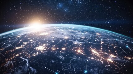 Obraz premium view from space on the planet connected by lines between continents and countries. on the background starry sky blurs in bokeh. illustration of information and data exchange. Generative AI