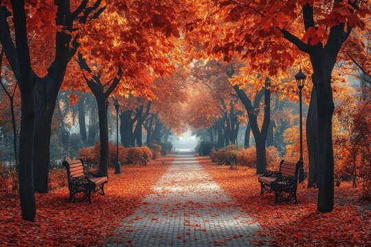 enchanting maple treelined avenue in autumn fallen leaves carpeting the ground dappled sunlight park benches vibrant oranges and reds