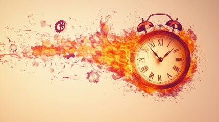 A minimalist clock ablaze, with flames morphing into symbols of time's fragility