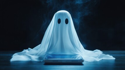 White ghost coming from smartphone. Phishing attack, unwanted advertising, suspicious account activity, ghosting, screen time increase minimalist concept. Happy Halloween postcard. AI generated image