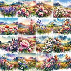 Fototapeta premium watercolor flowers and mountains drawing style floral background. AI generated illustration