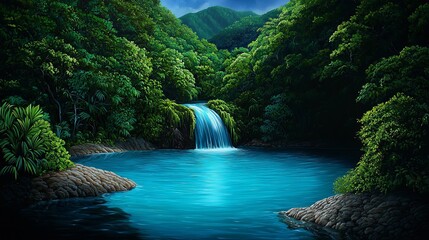 Atmospheric, acrylic painting of a serene waterfall in a tropical paradise, evoking a sense of tranquility, contemporary, visual calmness