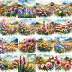 Fototapeta premium watercolor flowers and mountains drawing style floral background. AI generated illustration