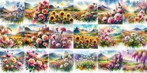 Fototapeta premium watercolor flowers and mountains drawing style floral background. AI generated illustration