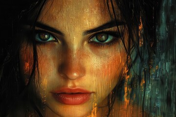 enigmatic portrait of a woman with piercing eyes and ethereal features dramatic chiaroscuro lighting emphasizes mystery and depth textured background adds an artistic flair