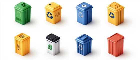 3D set of recycling icons on white background.