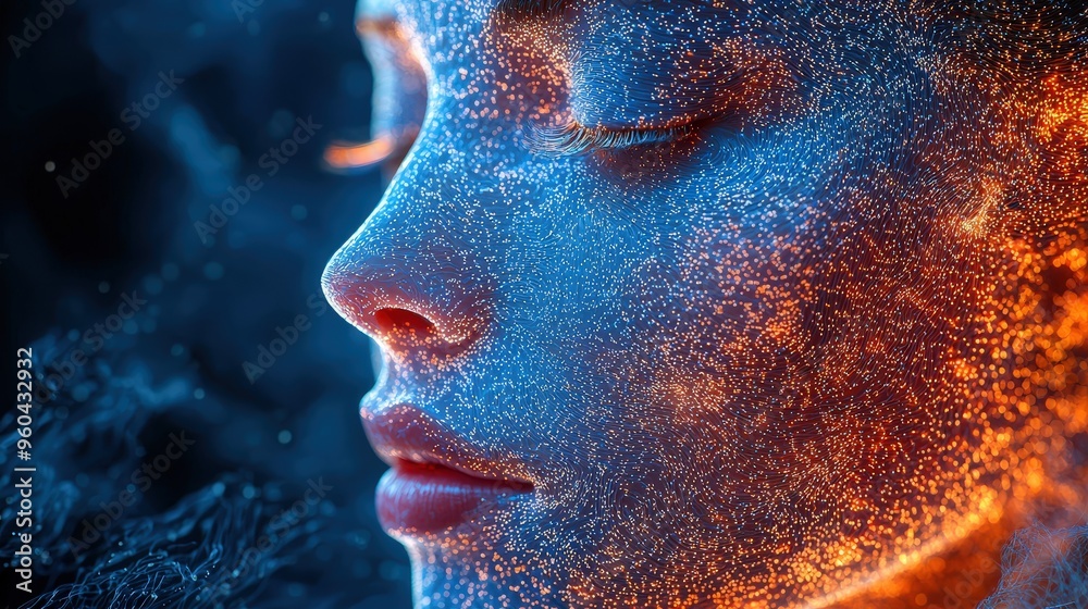 Poster the artwork depicts a woman’s profile illuminated by vibrant blue and orange particles that create a