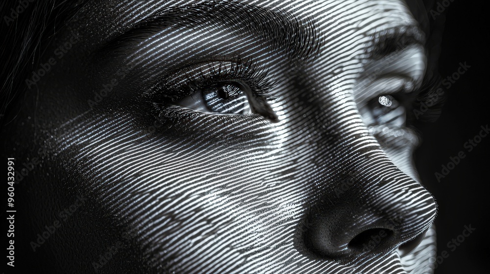 Poster A woman's face is highlighted by complex light patterns that emphasize her features, creating a striking visual effect in an artistic setting