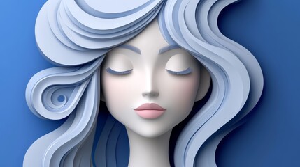 Fototapeta premium Stylish paper cutout art of a serene girl with flowing hair on a blue background, perfect for modern design projects.