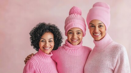 Three women in pink sweaters and hats smile together against a soft pink background, showcasing warmth and unity.