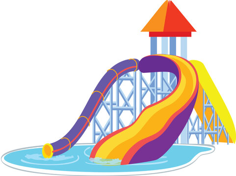 recommend clip art: Colorful water slides of different shapes going down into a swimming pool