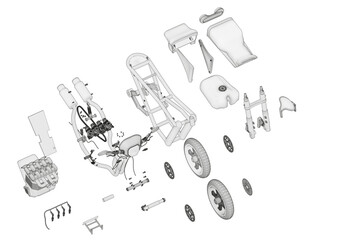 Disassembled motorcycle on a white background. Unique design. 