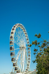 Vertical image of ferris wheel in the park with clear blue sky background