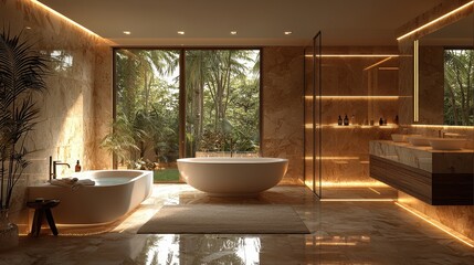 Elegant Master Bathroom Oasis with Freestanding Bathtub, Marble Floors, and Ambient Lighting