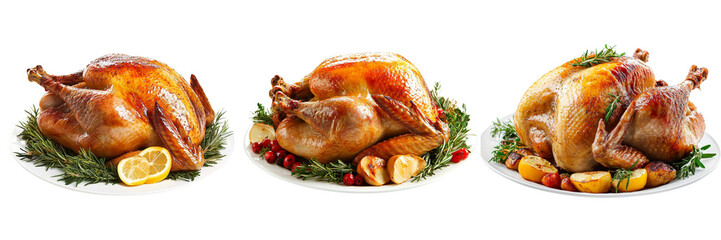 Set of A delicious roasted chicken served with a medley of colorful vegetables on transparent background