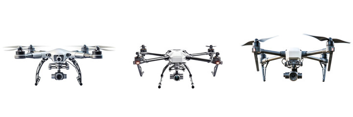 Fototapeta premium Set of A drone soaring through a clear white sky Isolated on Transparent Background
