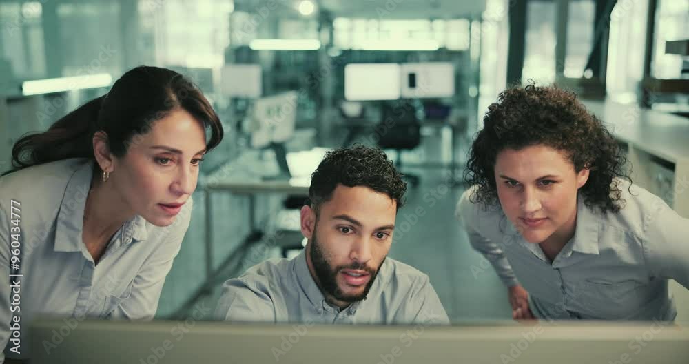 Poster business people, teamwork or computer with planning, conversation or robotics engineering with idea.