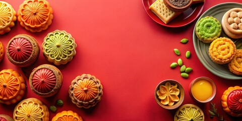 Fototapeta premium Assorted colorful mid autumn festival treats set against a red background