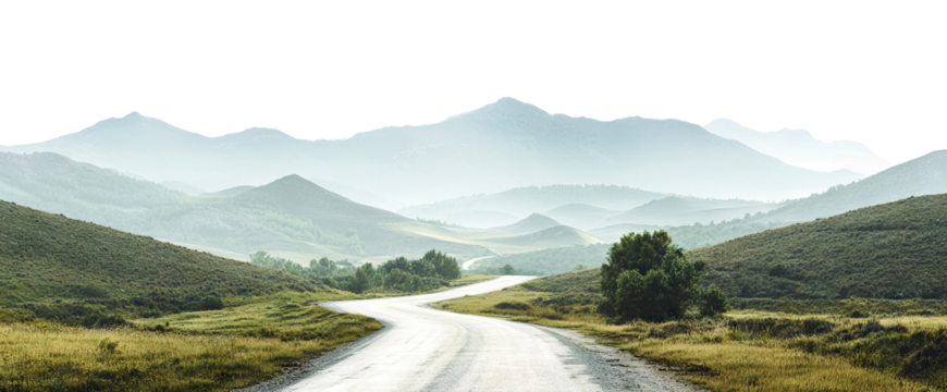 Winding road through misty mountain landscape, cut out