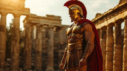Fototapeta premium A Greek warrior in gleaming golden armor stands before ancient ruins.