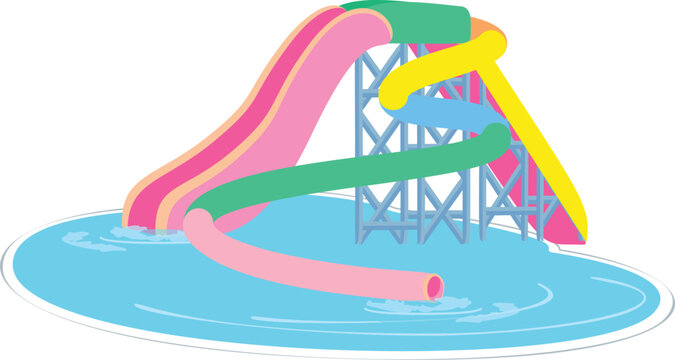 recommend clip art: Colorful water slides of different shapes are going into swimming pool, isolated on white background