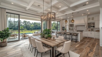 Modern Elegance: Stylish Dining Area with Statement Chandelier
