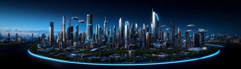 Obraz premium Captivating, futuristic cityscape with towering skyscrapers, flying cars, and advanced technology, photorealistic, high-tech