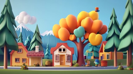 A colorful, whimsical village scene featuring houses, trees, and mountains, perfect for animation or children's design projects.