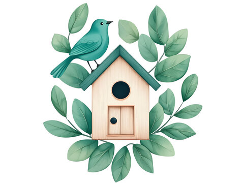 recommend clip art: Watercolor Birdhouse with Blue Bird and Green Leaves