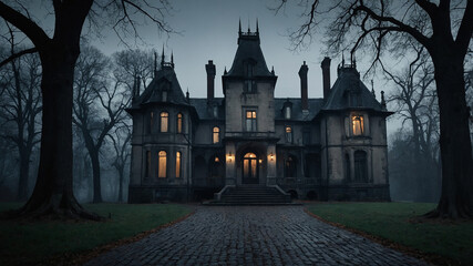A misty, eerie old mansion lit by warmly glowing lights, surrounded by barren trees in the night darkness.