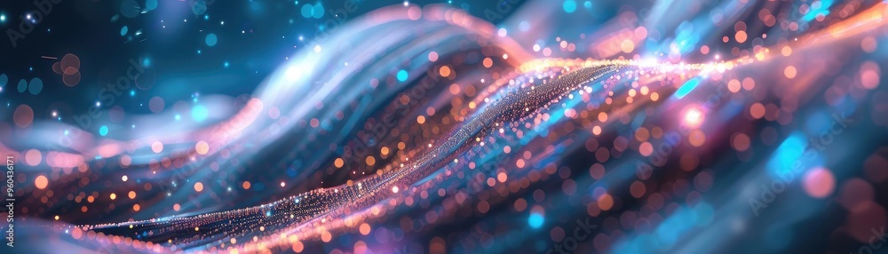 Poster a vibrant abstract image showcasing luminous waves, sparkling bokeh, and a blend of rich colors, per