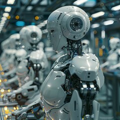 Fototapeta premium A line of humanoid robots working in a factory setting