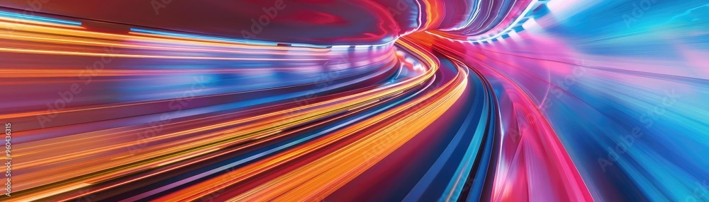 Poster Vibrant light trails create a dynamic sense of movement and energy in a colorful, abstract background design.