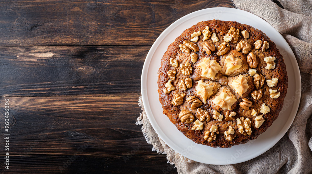 Canvas Prints top view of round sponge cake adorned with walnuts on a white plate, set on a rustic wooden table