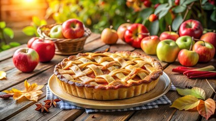Homemade apple pie on wooden table in sunny garden, rustic outdoor dessert dining, fresh baked goods, autumn treat, copy space