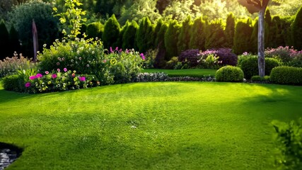 Beautiful garden landscape with vibrant flowers and lush greenery during golden hour in a serene outdoor setting