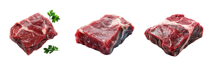 Fototapeta premium Set of A fresh, raw piece of beef steak seasoned with a sprinkle of black pepper and sea salt, garnished with basil leaves Isolated on Transparent Background