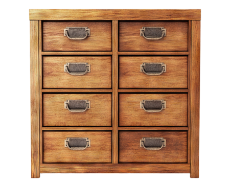 Vintage wooden file cabinet with metal handles, cut out