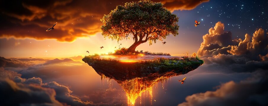 Captivating, surreal landscape with floating islands, glowing plants, and otherworldly creatures, photorealistic, dreamlike