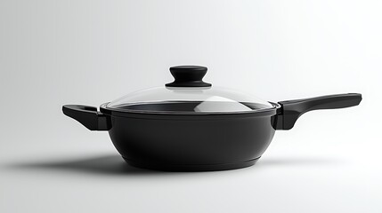 A black saucepan topped with a glass lid, simple and elegant.