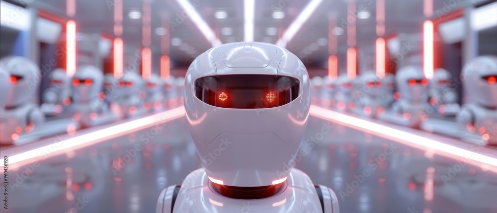 Wall mural technologically advanced futuristic factory with robotic workforce and automated conveyor belts