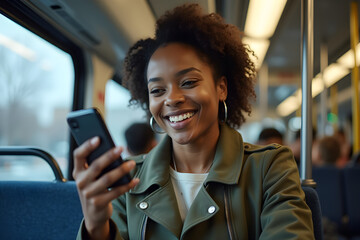 Young woman using mobile phone while commuting by public transport
